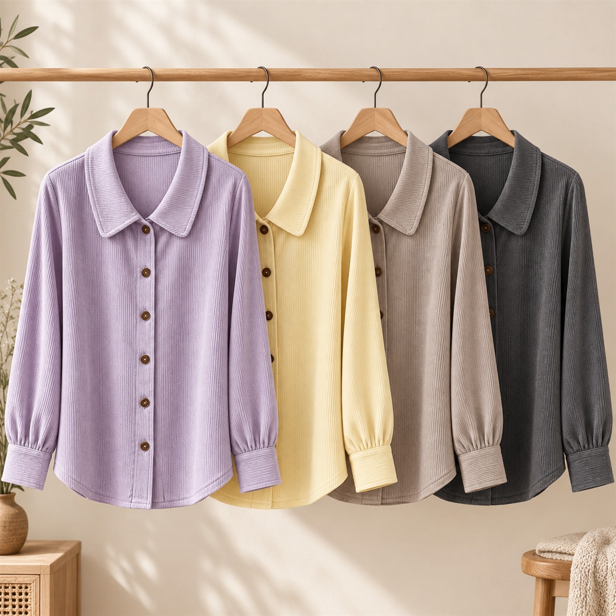 Women's Blue Ribbed Button-Front Blouse Multipack - 4-Piece Mix B: Lavender / Yellow / Taupe / Charcoal