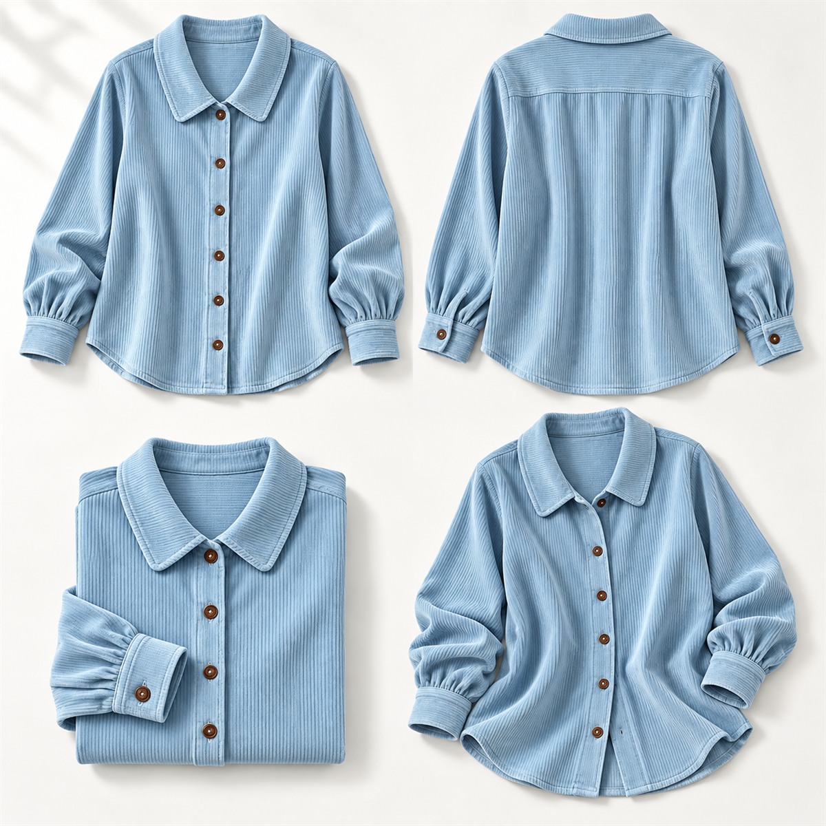 Women's Blue Ribbed Button-Front Blouse Multipack - 4-Piece Blue Pack