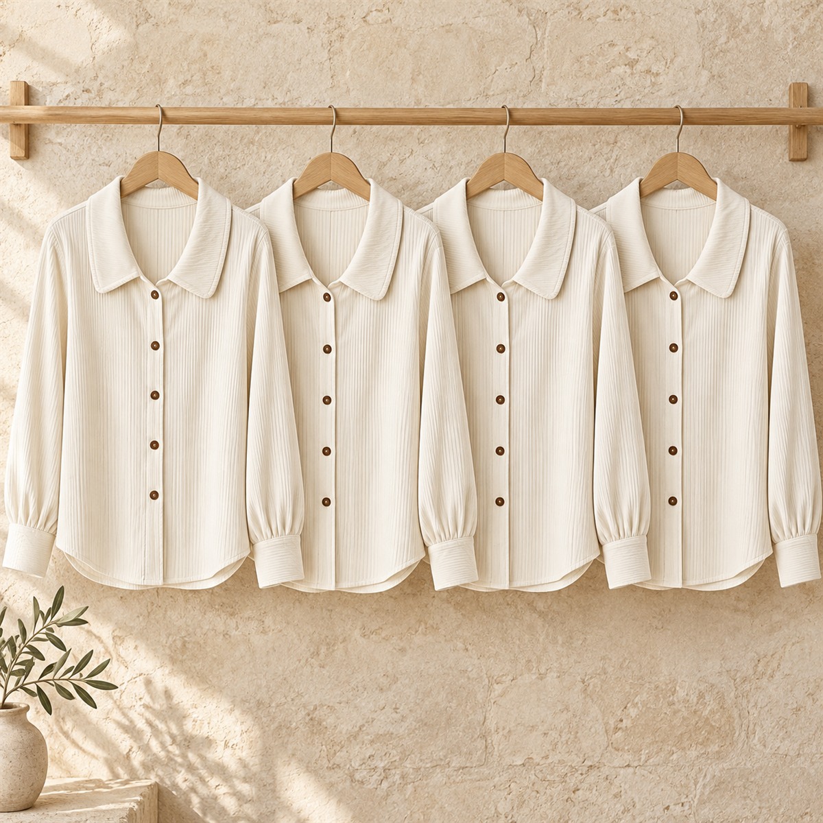 Women's Blue Ribbed Button-Front Blouse Multipack - 4-Piece Ivory Pack