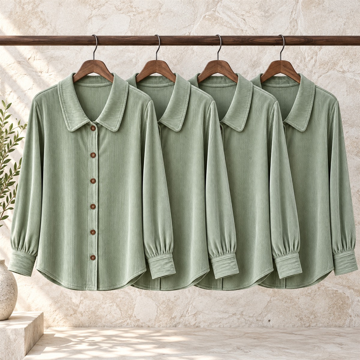 Women's Blue Ribbed Button-Front Blouse Multipack - 4-Piece Sage Pack