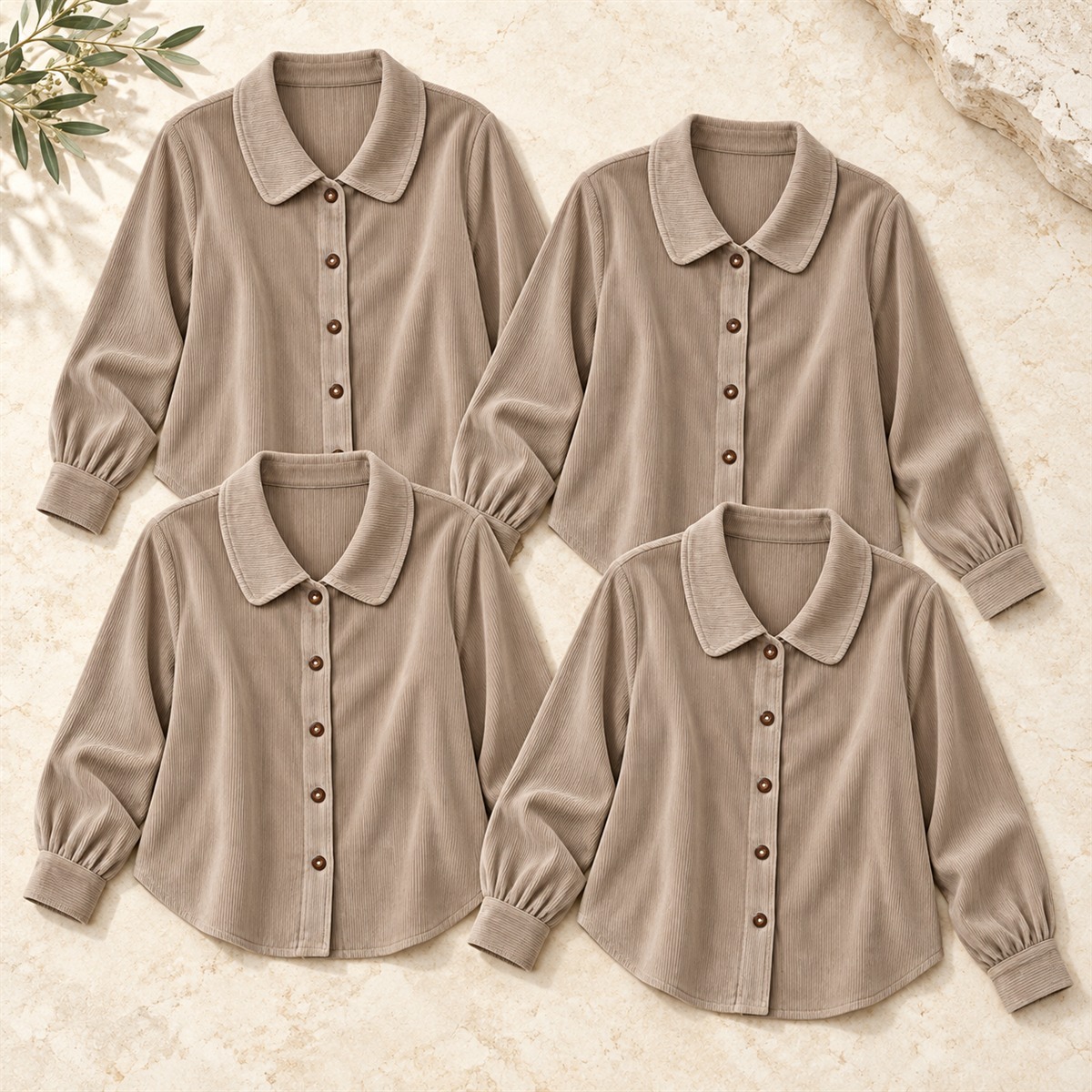 Women's Blue Ribbed Button-Front Blouse Multipack - 4-Piece Taupe Pack