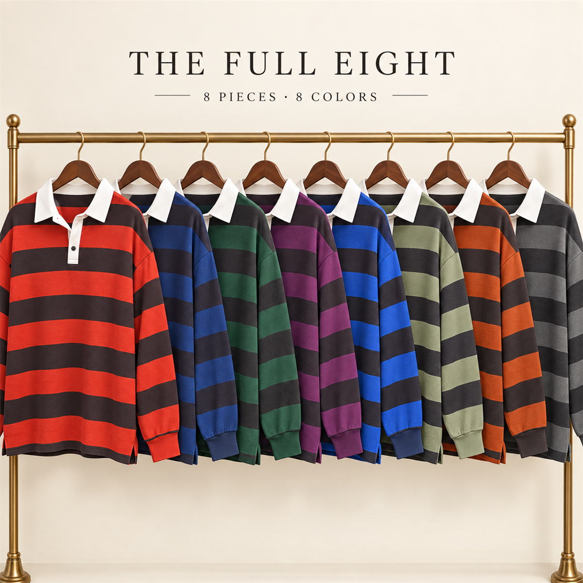 Women's Striped Long-Sleeve Rugby Polo Multipack - 8-Piece All-Color Pack