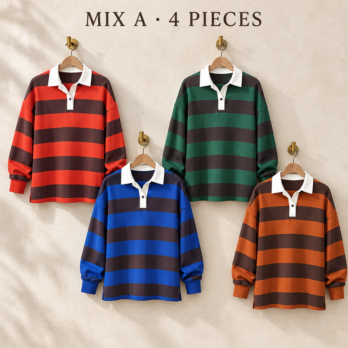 Women's Striped Long-Sleeve Rugby Polo Multipack - 4-Piece Mix A: Vermilion / Navy / Forest / Plum