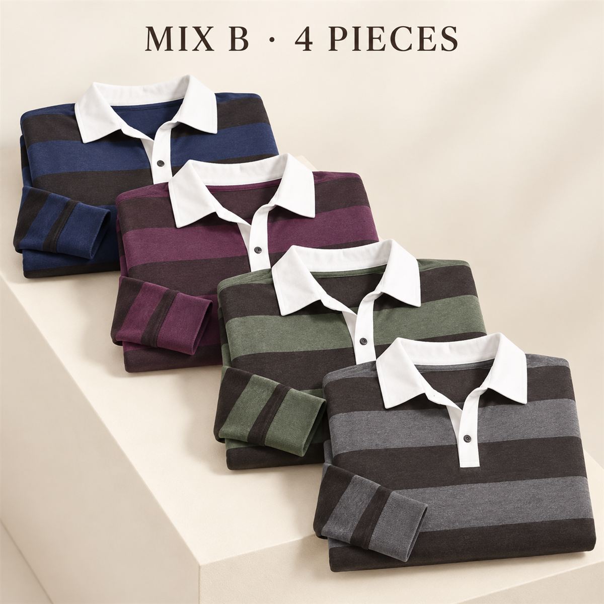 Women's Striped Long-Sleeve Rugby Polo Multipack - 4-Piece Mix B: Cobalt / Sage / Rust / Charcoal