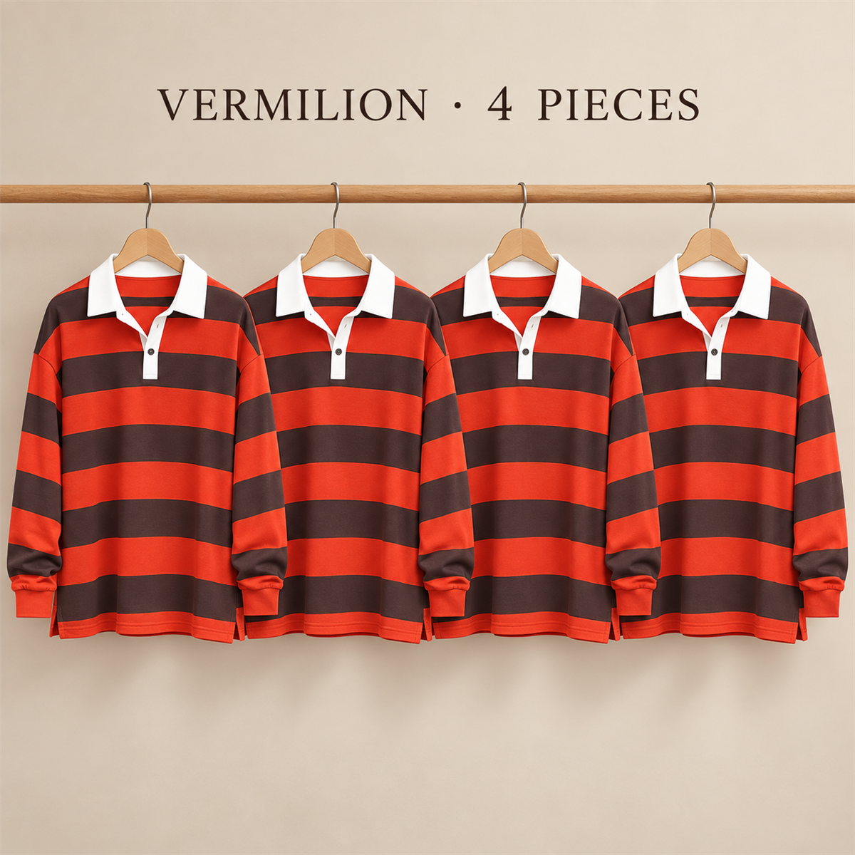 Women's Striped Long-Sleeve Rugby Polo Multipack - 4-Piece Vermilion Pack