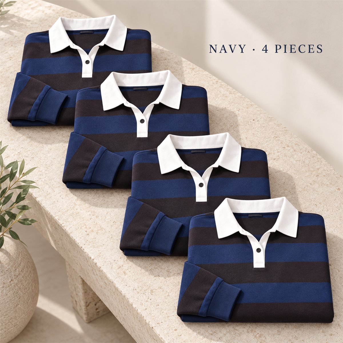 Women's Striped Long-Sleeve Rugby Polo Multipack - 4-Piece Navy Pack