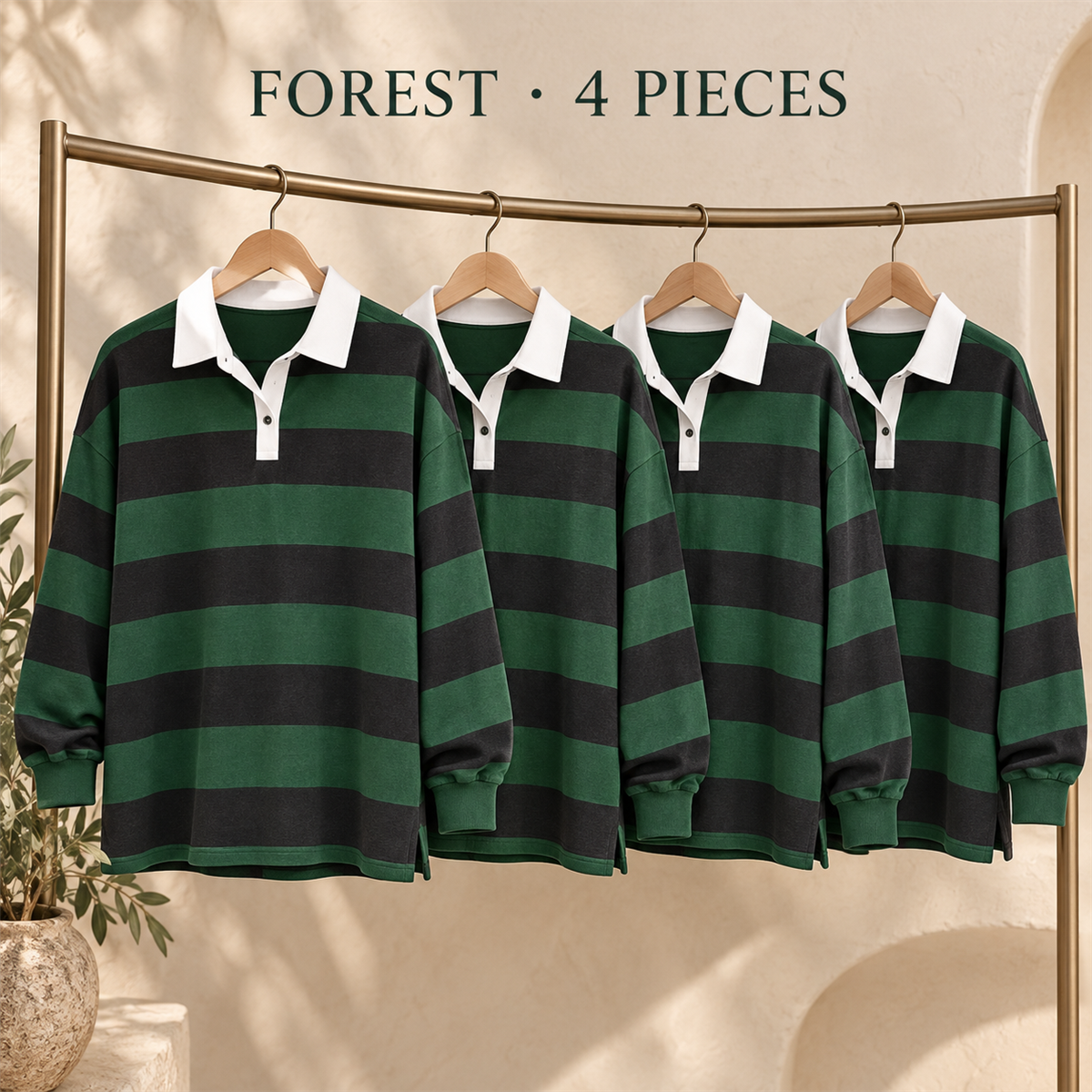 Women's Striped Long-Sleeve Rugby Polo Multipack - 4-Piece Forest Pack