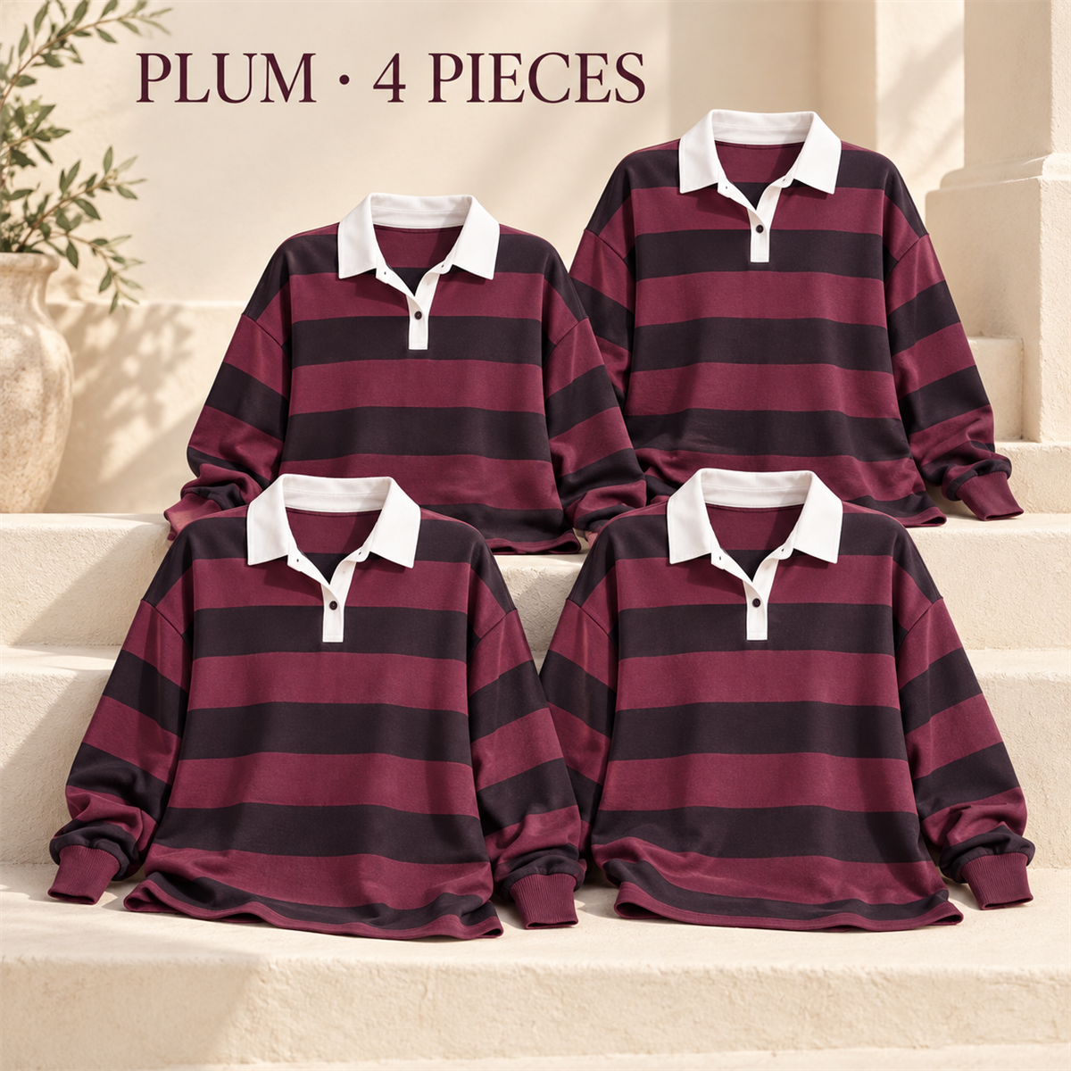 Women's Striped Long-Sleeve Rugby Polo Multipack - 4-Piece Plum Pack