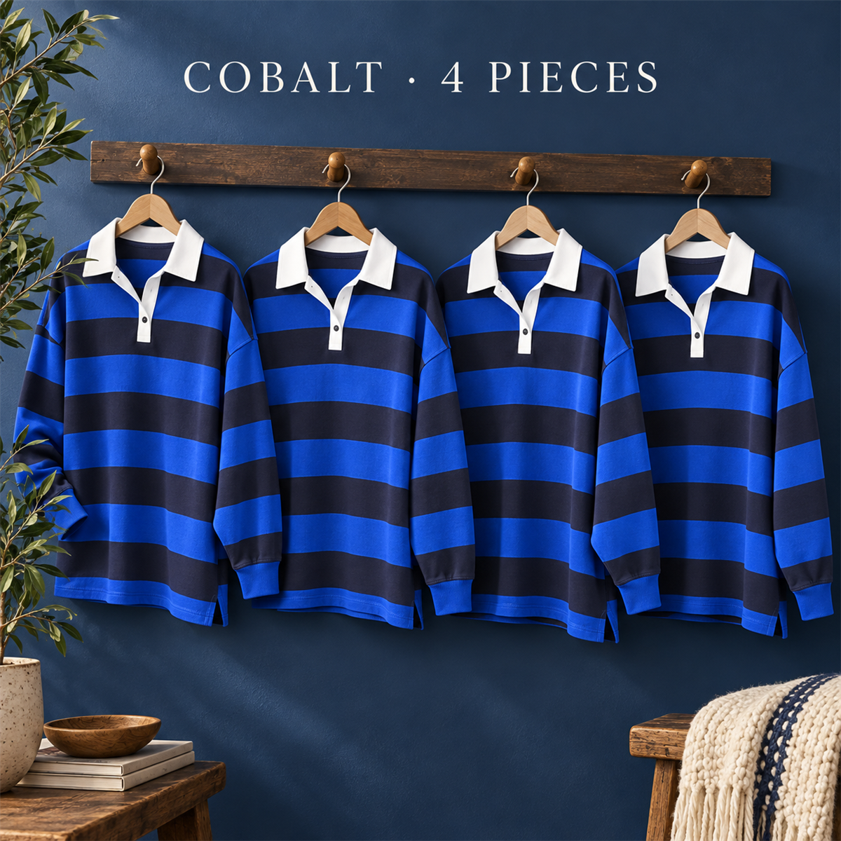 Women's Striped Long-Sleeve Rugby Polo Multipack - 4-Piece Cobalt Pack