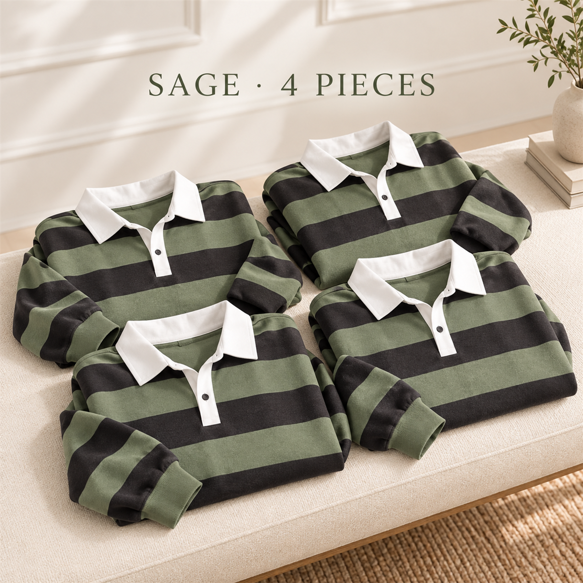 Women's Striped Long-Sleeve Rugby Polo Multipack - 4-Piece Sage Pack
