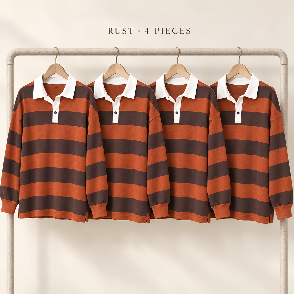Women's Striped Long-Sleeve Rugby Polo Multipack - 4-Piece Rust Pack