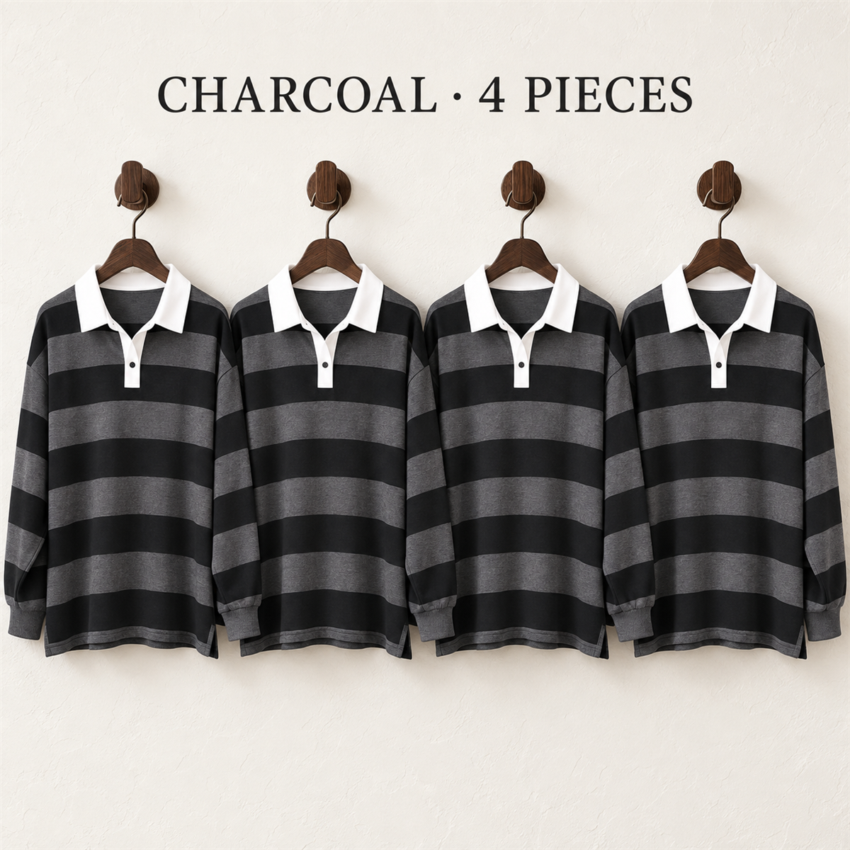 Women's Striped Long-Sleeve Rugby Polo Multipack - 4-Piece Charcoal Pack