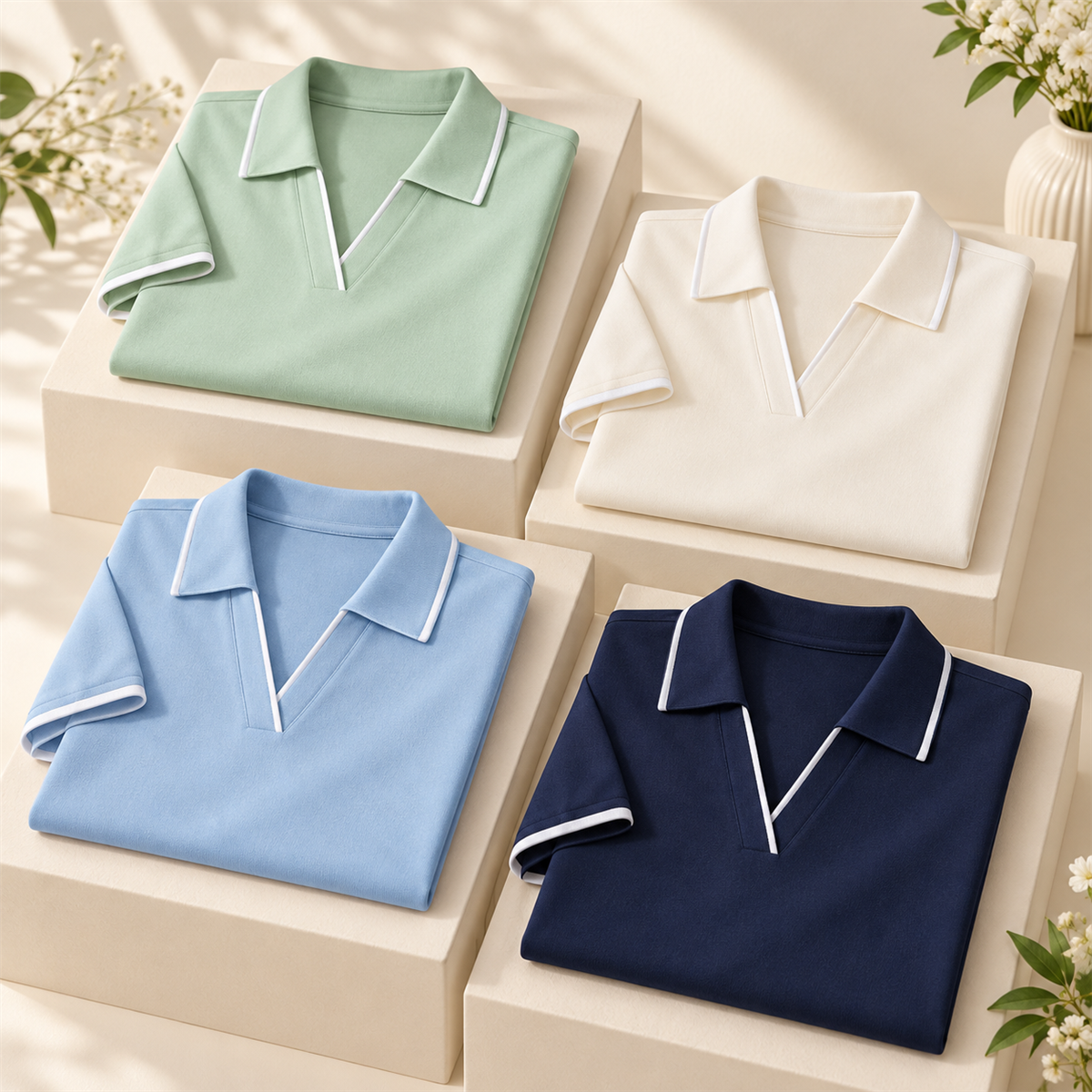 Women's Contrast-Trim Short-Sleeve Polo Multipack - 4-Piece Mix A: Mint / Ivory / Black / Navy