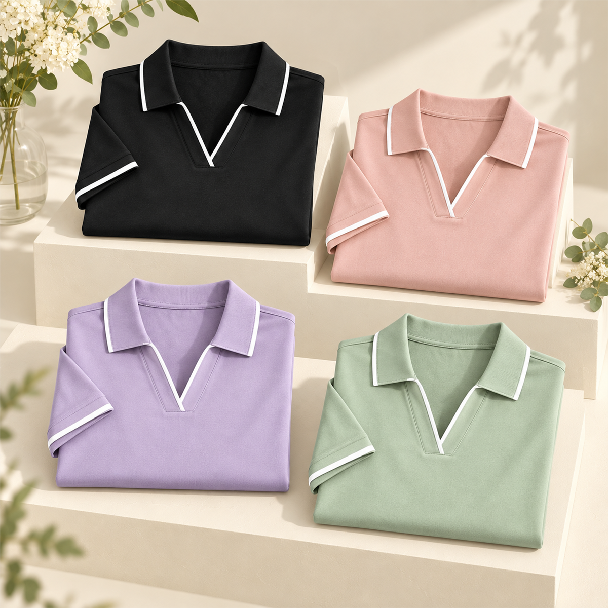 Women's Contrast-Trim Short-Sleeve Polo Multipack - 4-Piece Mix B: Blush / Sky Blue / Lavender / Sage