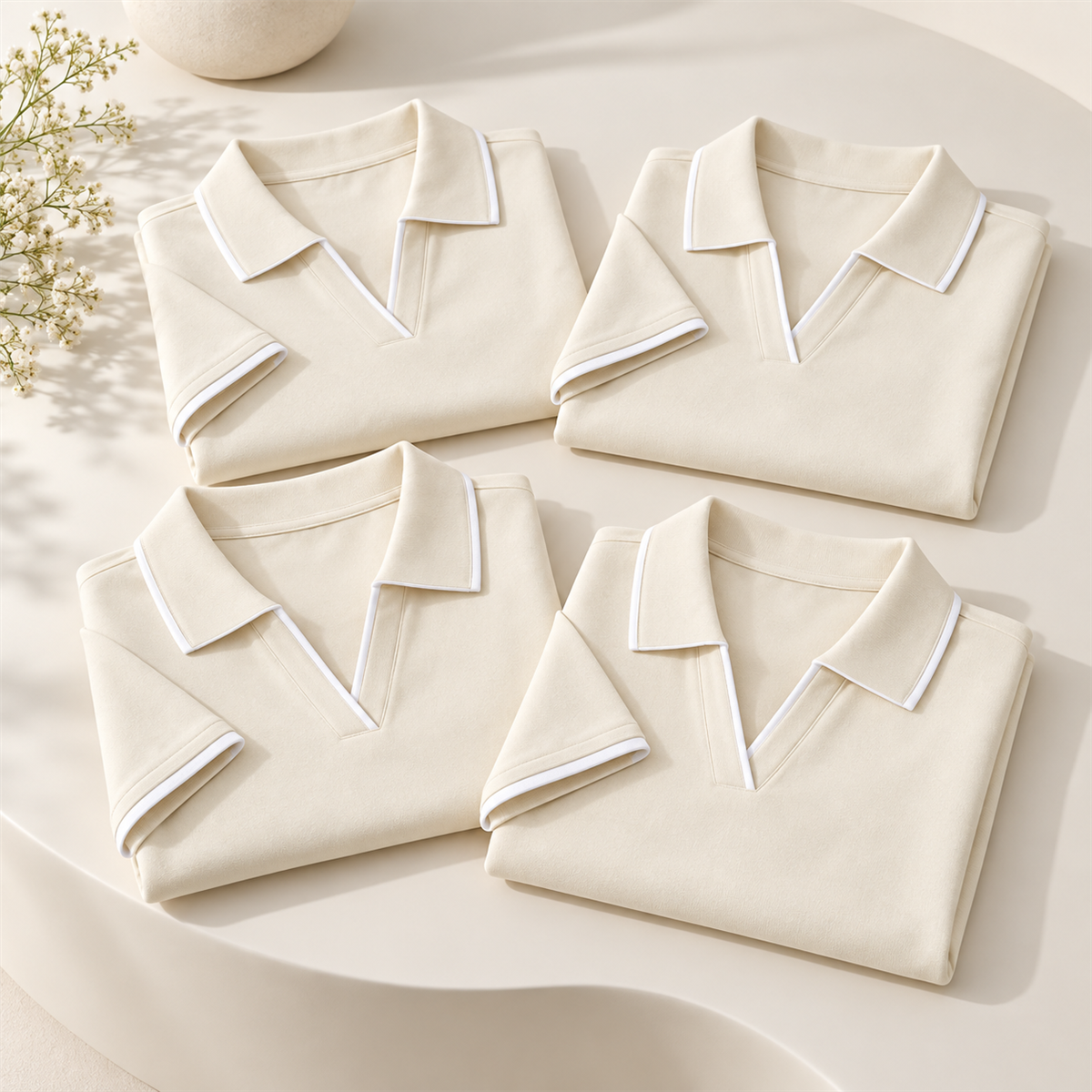 Women's Contrast-Trim Short-Sleeve Polo Multipack - 4-Piece Ivory Pack