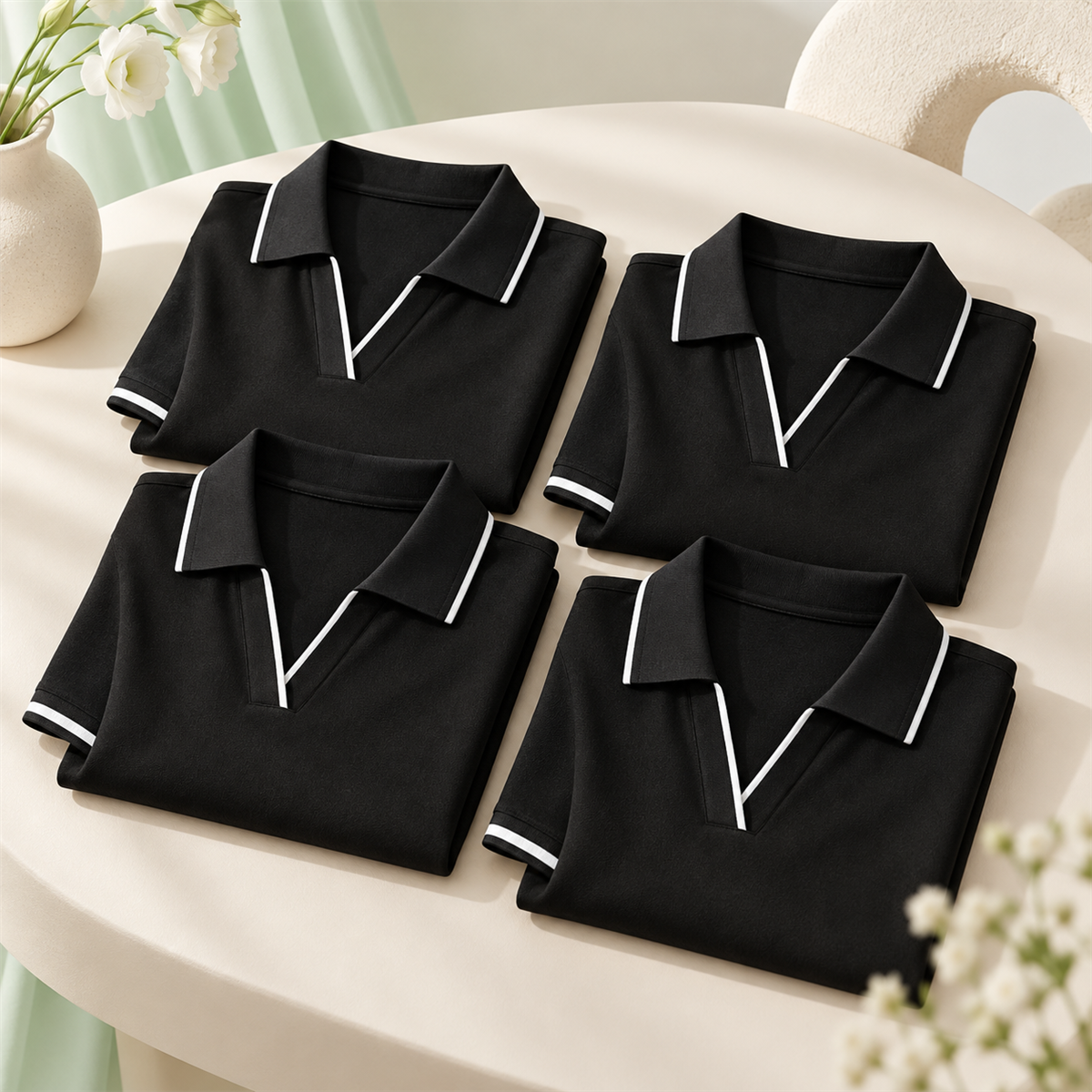 Women's Contrast-Trim Short-Sleeve Polo Multipack - 4-Piece Black Pack