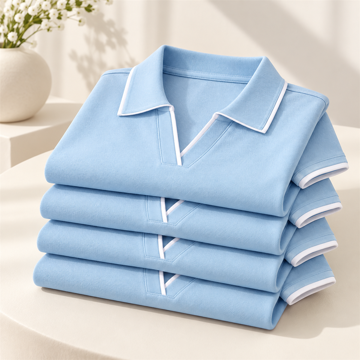 Women's Contrast-Trim Short-Sleeve Polo Multipack - 4-Piece Sky Blue Pack