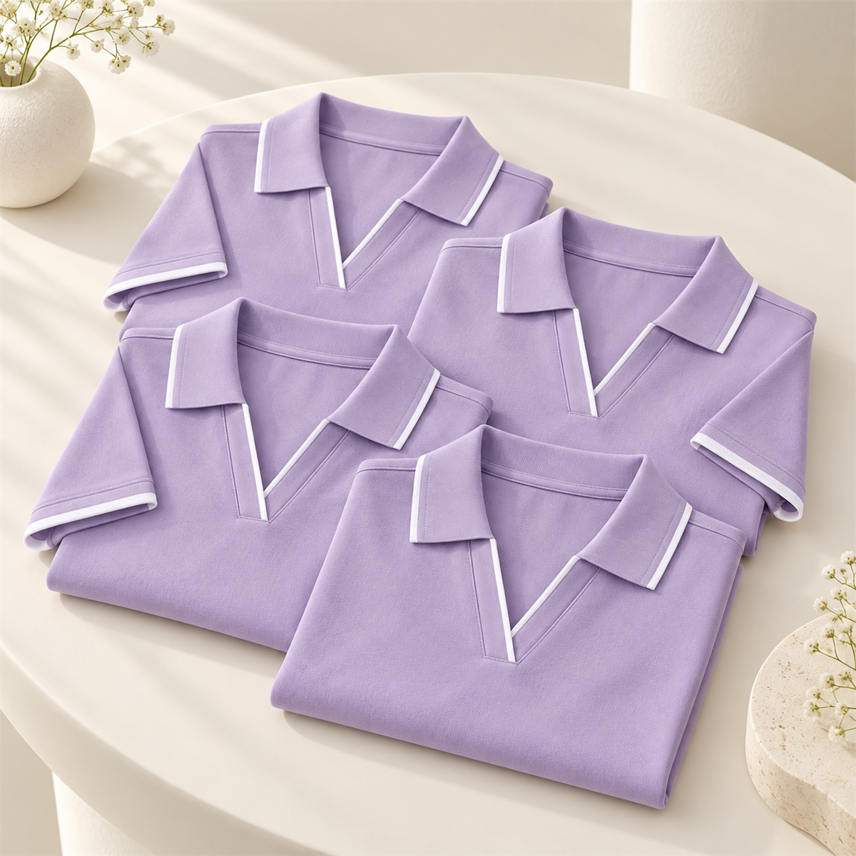 Women's Contrast-Trim Short-Sleeve Polo Multipack - 4-Piece Lavender Pack