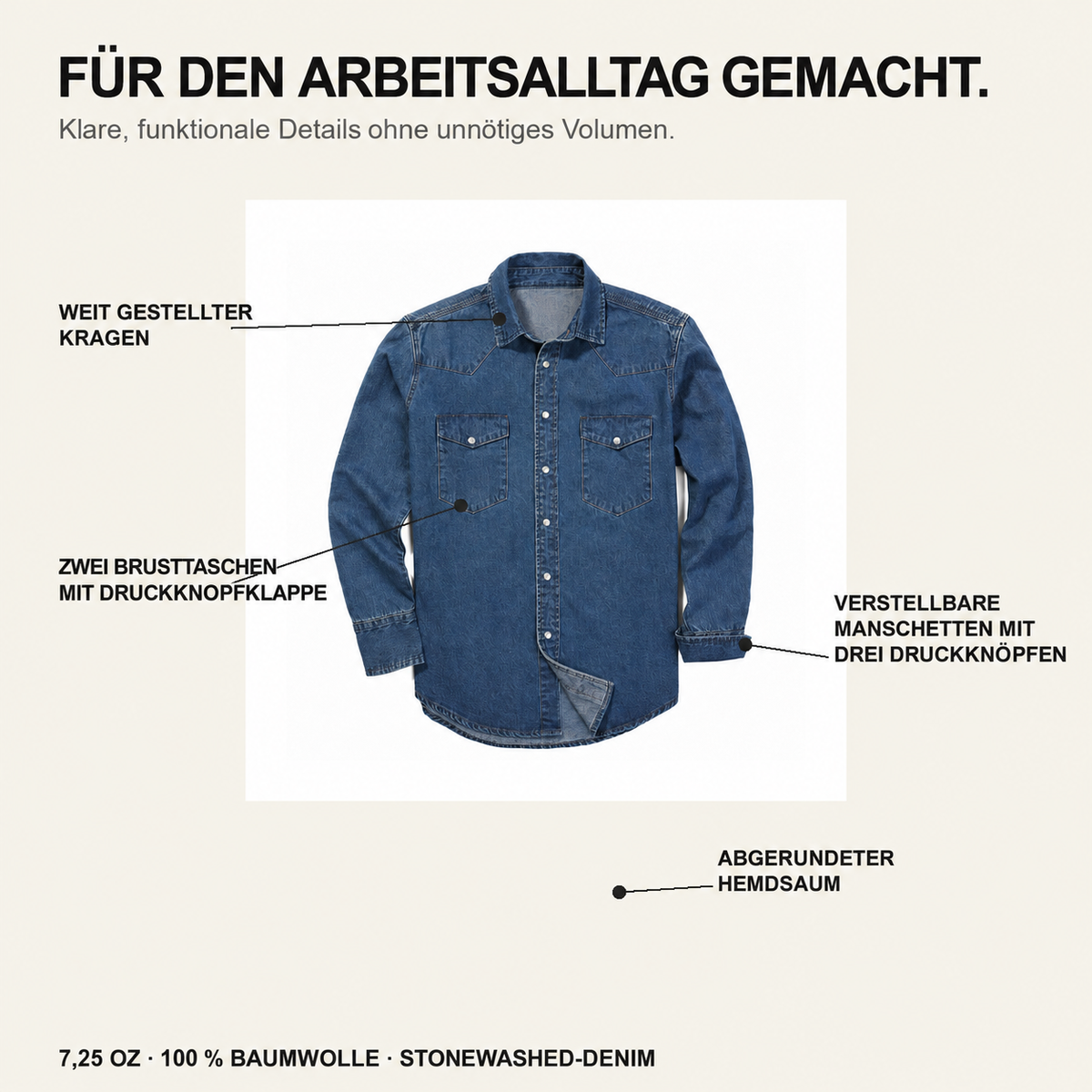 Herren-Arbeitshemd aus stonewashed Denim mit langen Ärmeln - 01