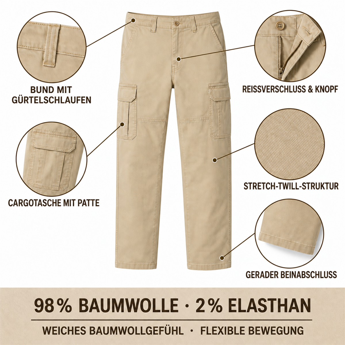 9er-Pack Herren-Stretch-Cargohosen in Relaxed Fit mit 6 Taschen - 05