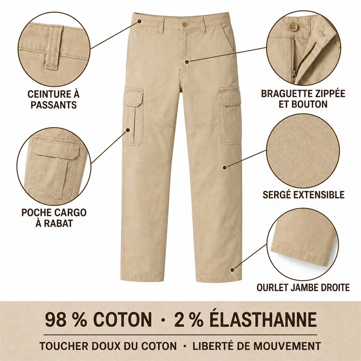 Lot de 9 pantalons cargo extensibles homme coupe décontractée à 6 poches - 05