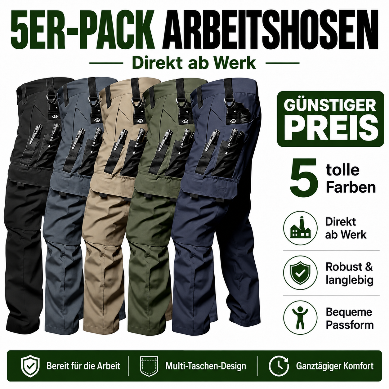 5er-Pack Herren-Arbeitshosen mit mehreren Taschen - 01