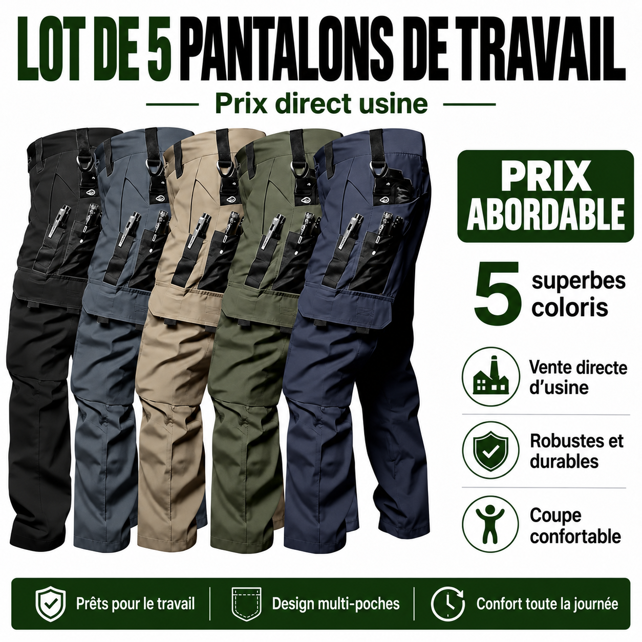 Lot de 5 pantalons de travail homme multipoches - 01