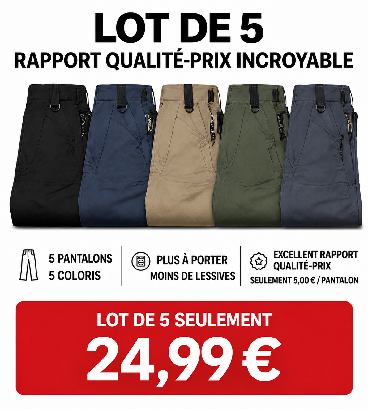 Lot de 5 pantalons de travail homme multipoches - 02