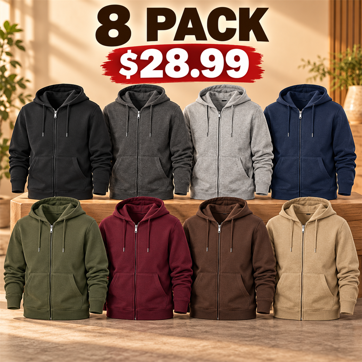4- or 8-Pack Men's Everyday Full-Zip Hoodies - 8-Pack (All Colors)