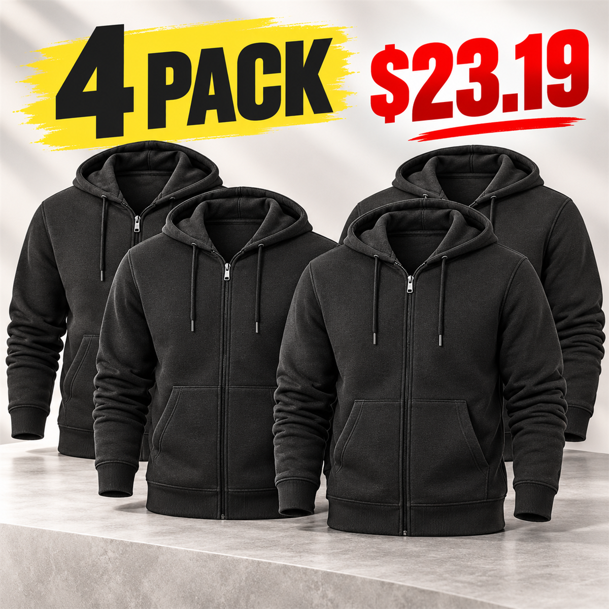 4- or 8-Pack Men's Everyday Full-Zip Hoodies - 4-Pack (Black)