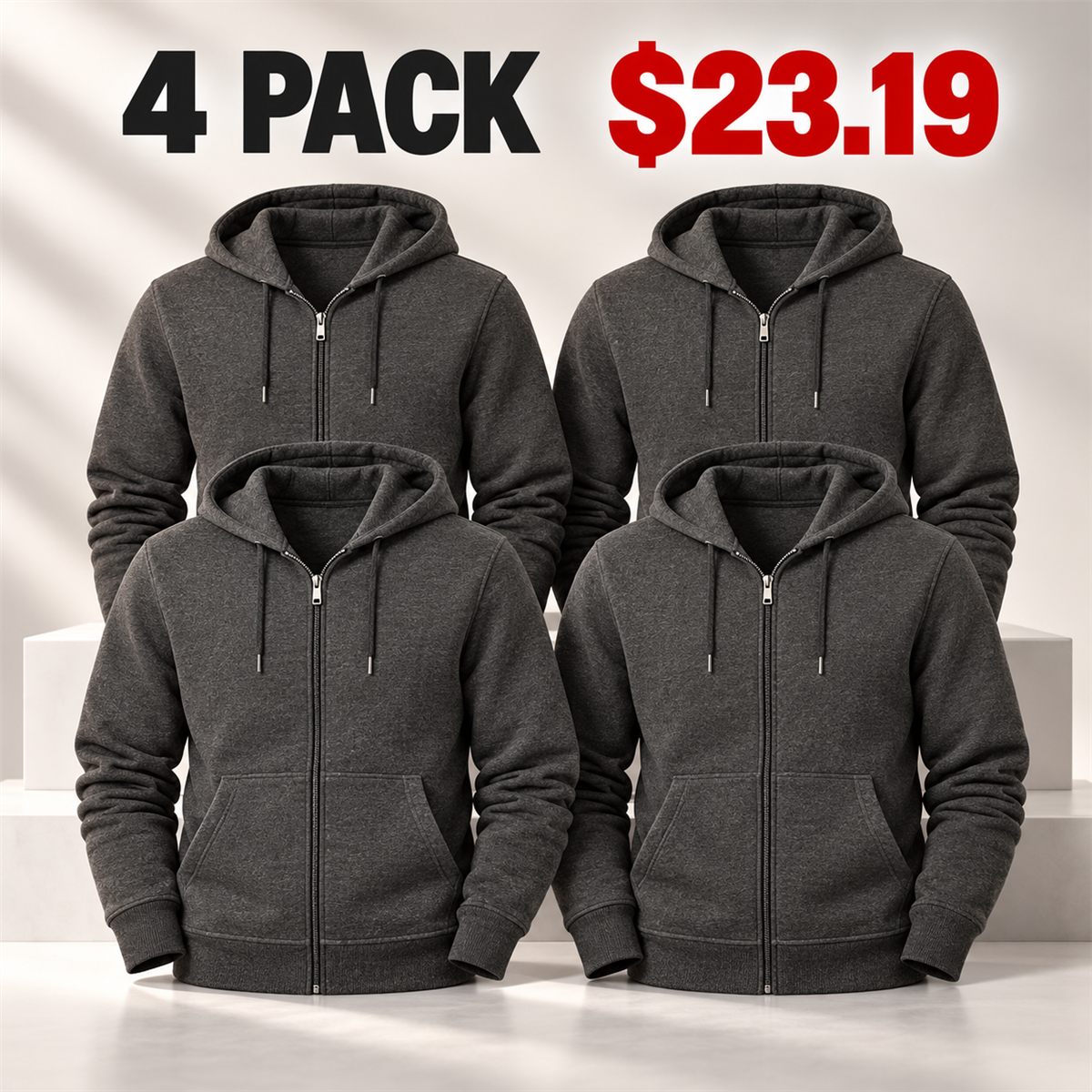 4- or 8-Pack Men's Everyday Full-Zip Hoodies - 4-Pack (Charcoal)