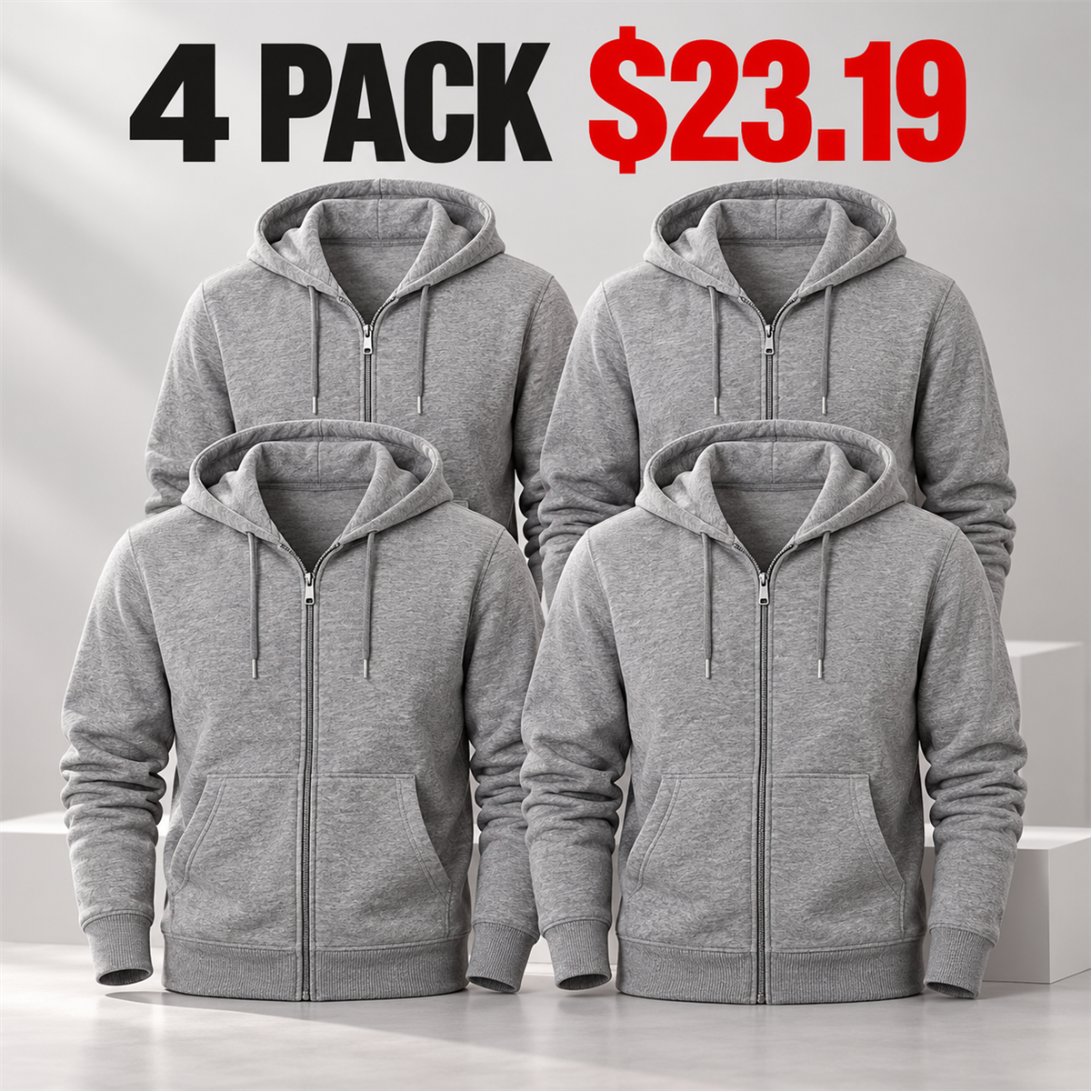 4- or 8-Pack Men's Everyday Full-Zip Hoodies - 4-Pack (Heather Gray)