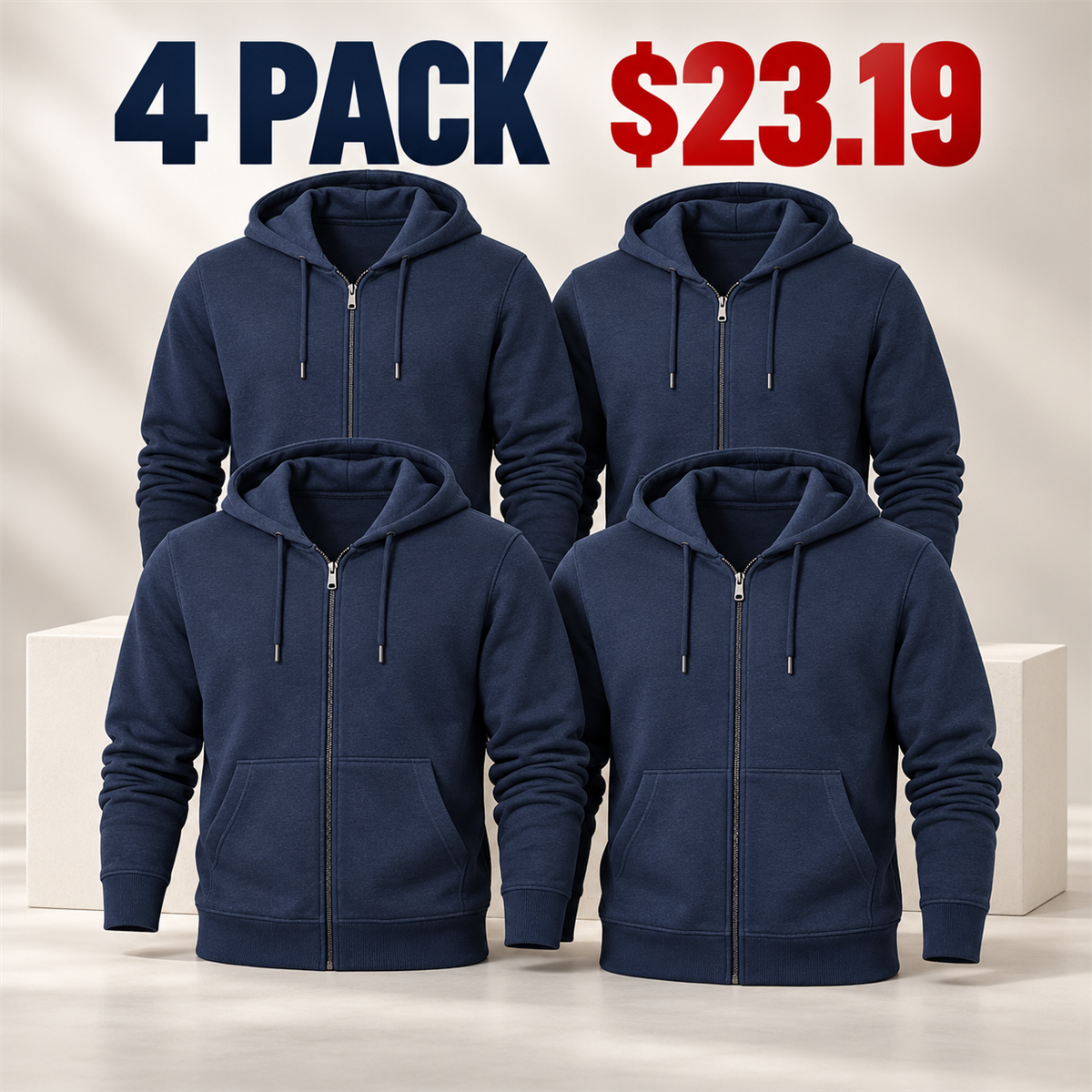 4- or 8-Pack Men's Everyday Full-Zip Hoodies - 4-Pack (Navy)