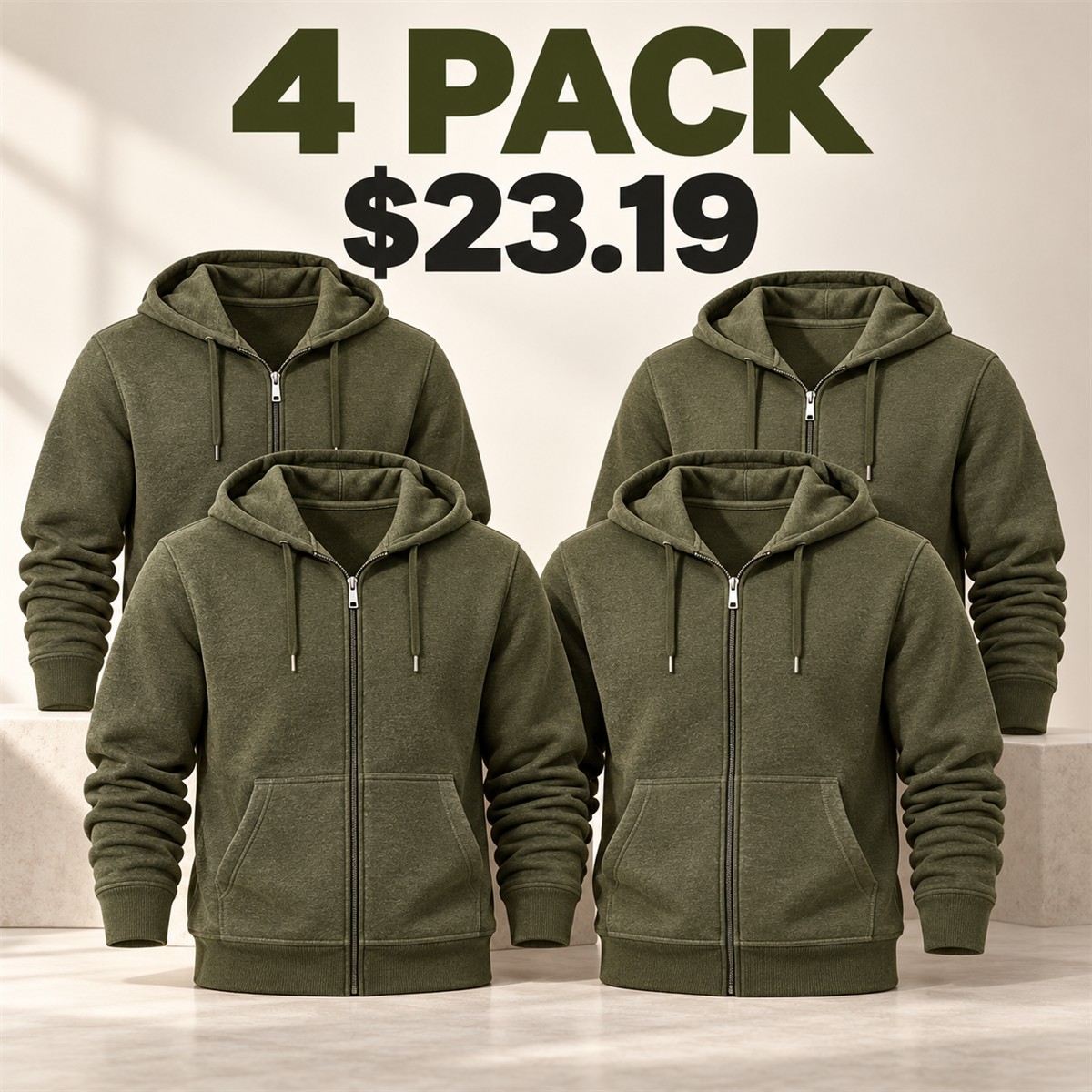 4- or 8-Pack Men's Everyday Full-Zip Hoodies - 4-Pack (Olive)