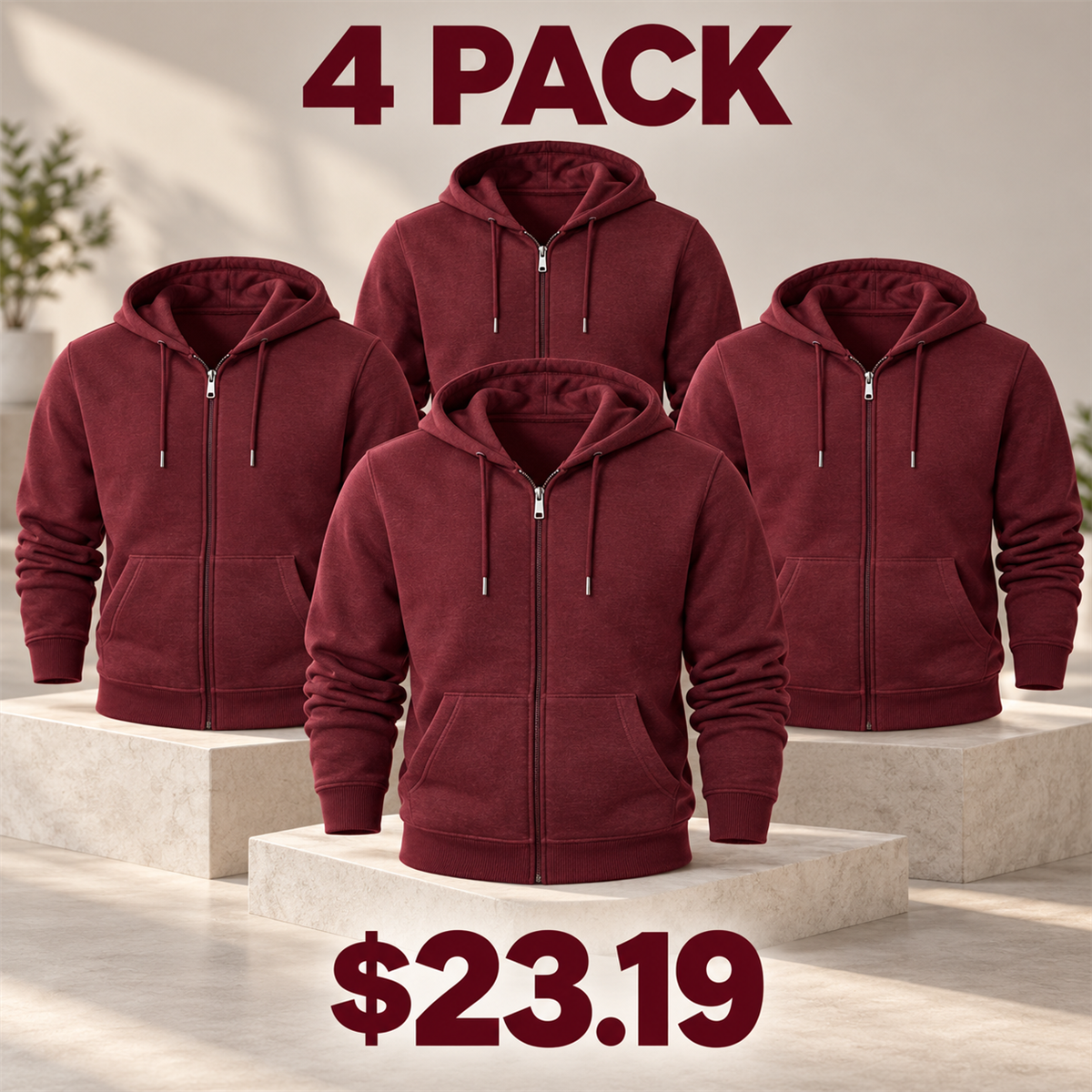 4- or 8-Pack Men's Everyday Full-Zip Hoodies - 4-Pack (Burgundy)