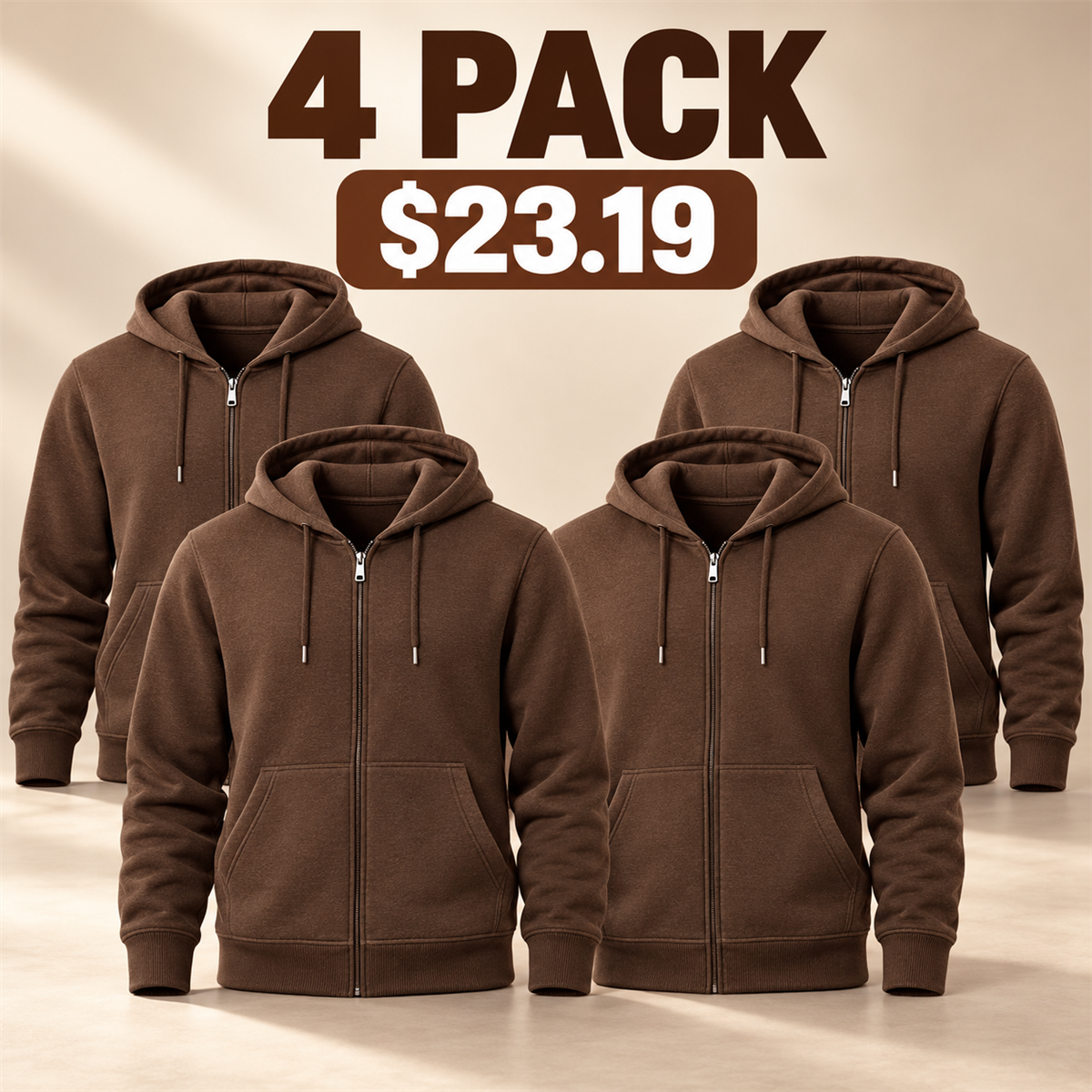 4- or 8-Pack Men's Everyday Full-Zip Hoodies - 4-Pack (Brown)