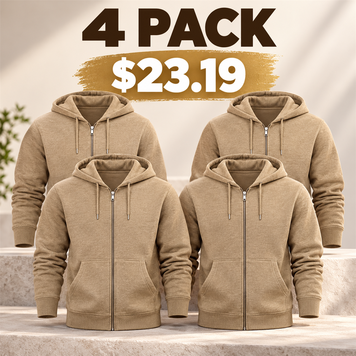 4- or 8-Pack Men's Everyday Full-Zip Hoodies - 4-Pack (Khaki)