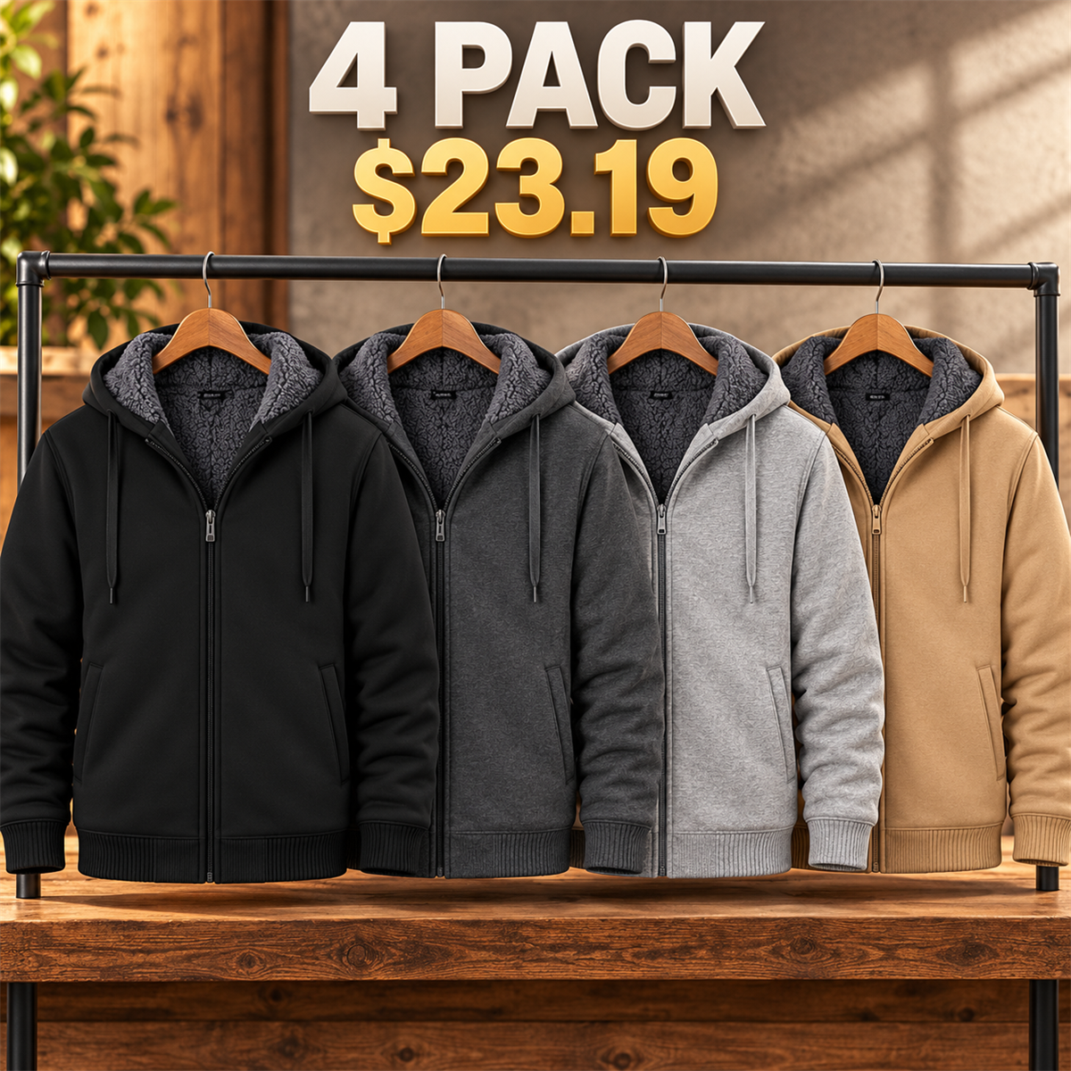 4- or 8-Pack Men's Sherpa-Lined Full-Zip Hoodies - 4-Pack (Core Neutrals)