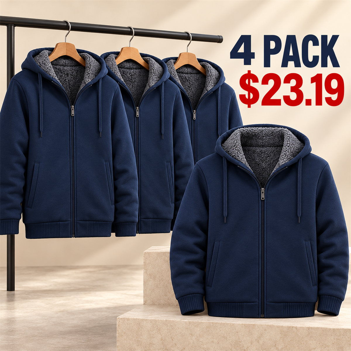 4- or 8-Pack Men's Sherpa-Lined Full-Zip Hoodies - 4-Pack (Navy)