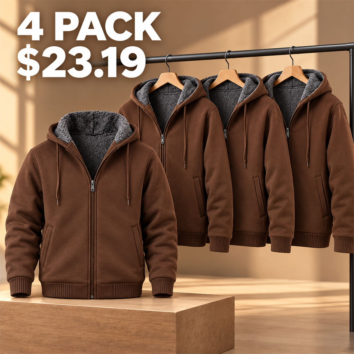 4- or 8-Pack Men's Sherpa-Lined Full-Zip Hoodies - 4-Pack (Brown)