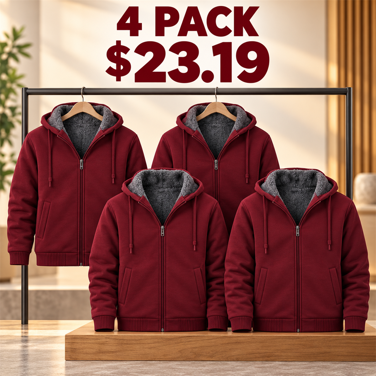 4- or 8-Pack Men's Sherpa-Lined Full-Zip Hoodies - 4-Pack (Burgundy)