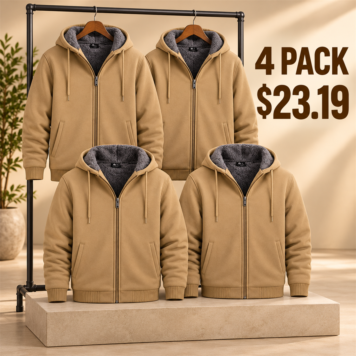 4- or 8-Pack Men's Sherpa-Lined Full-Zip Hoodies - 4-Pack (Tan)