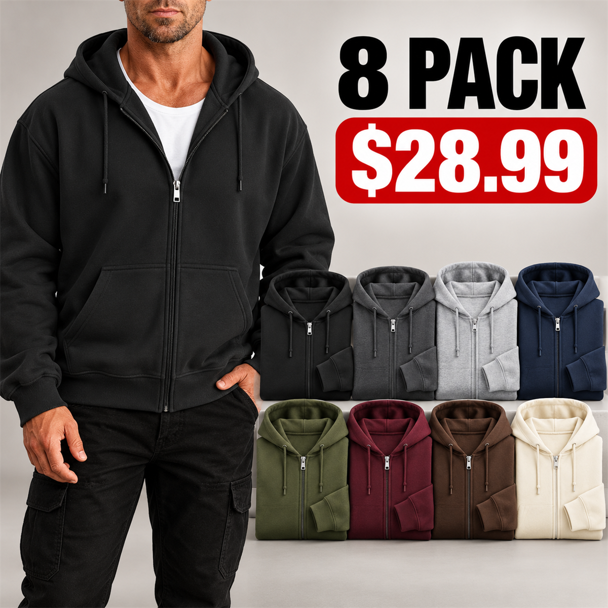 4- or 8-Pack Men's Relaxed-Fit Full-Zip Hoodies - 8-Pack (All Colors)