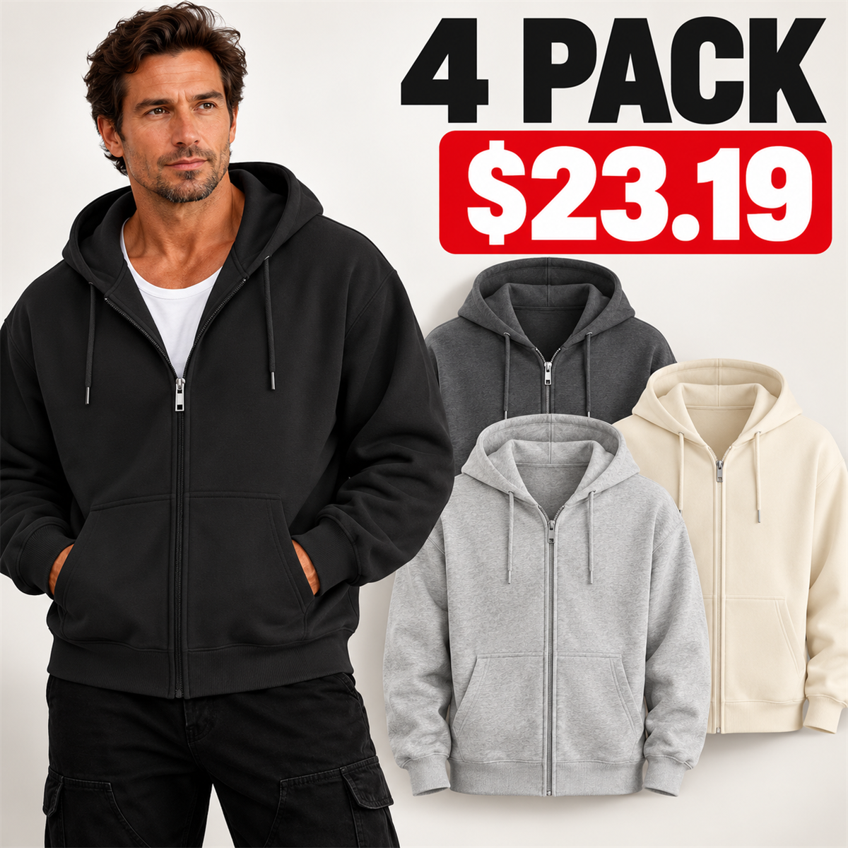 4- or 8-Pack Men's Relaxed-Fit Full-Zip Hoodies - 4-Pack (Core Neutrals)