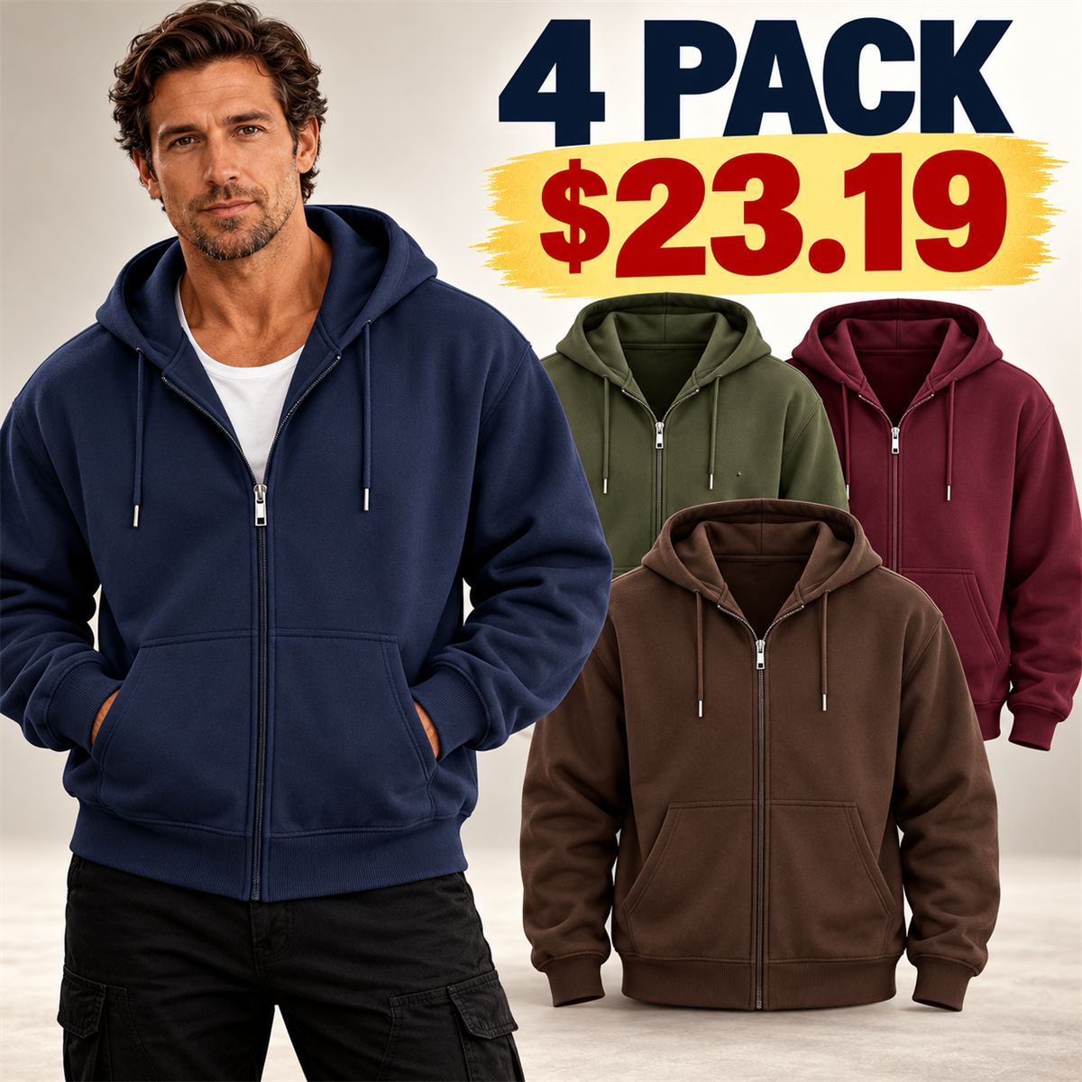 4- or 8-Pack Men's Relaxed-Fit Full-Zip Hoodies - 4-Pack (Seasonal Colors)
