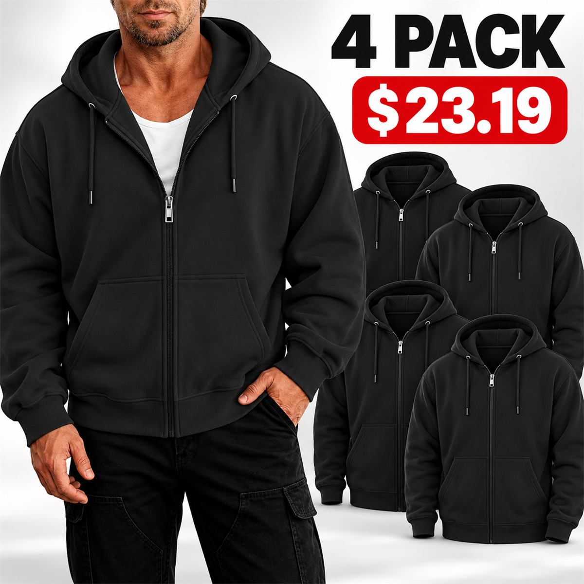 4- or 8-Pack Men's Relaxed-Fit Full-Zip Hoodies - 4-Pack (Black)