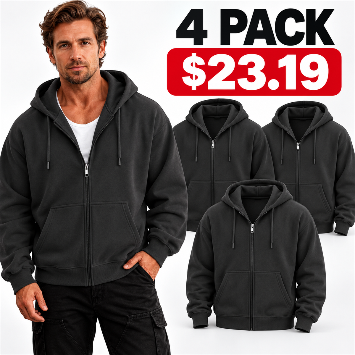 4- or 8-Pack Men's Relaxed-Fit Full-Zip Hoodies - 4-Pack (Charcoal)