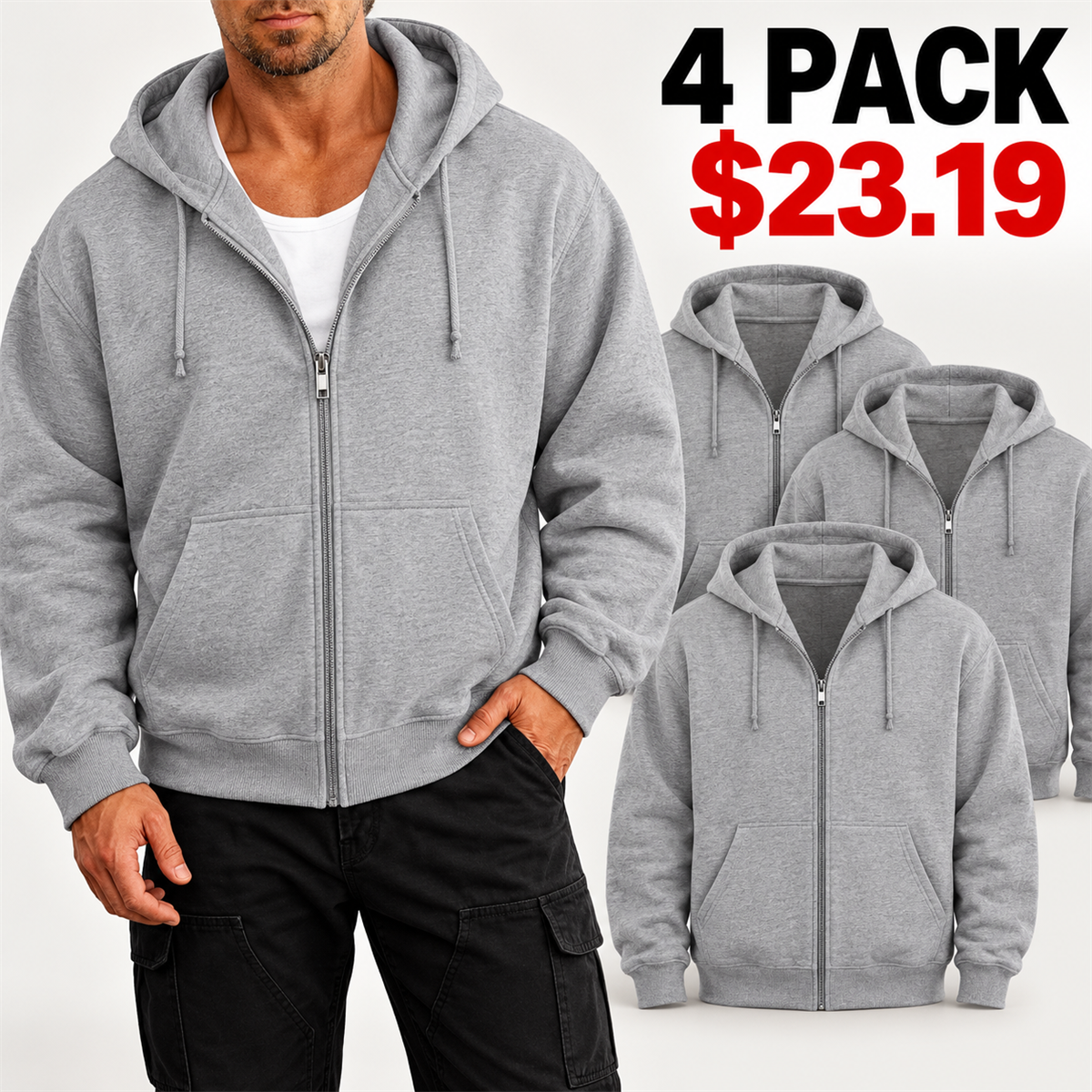 4- or 8-Pack Men's Relaxed-Fit Full-Zip Hoodies - 4-Pack (Heather Gray)