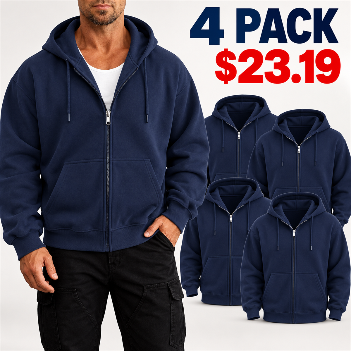 4- or 8-Pack Men's Relaxed-Fit Full-Zip Hoodies - 4-Pack (Navy)