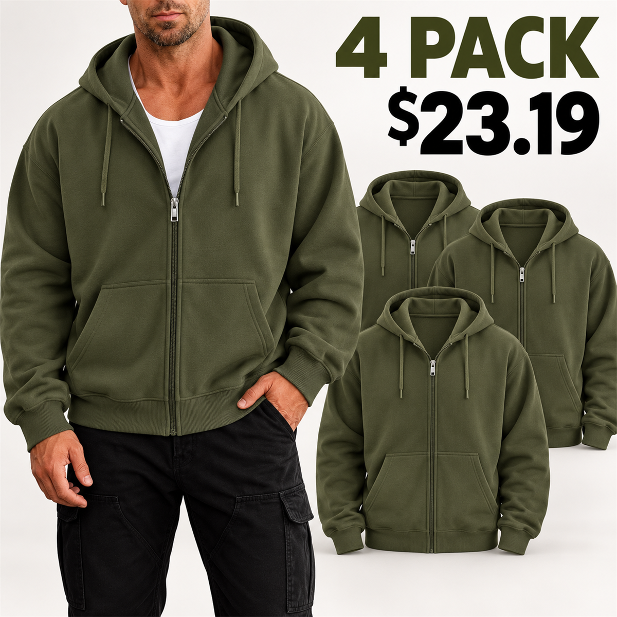 4- or 8-Pack Men's Relaxed-Fit Full-Zip Hoodies - 4-Pack (Olive)